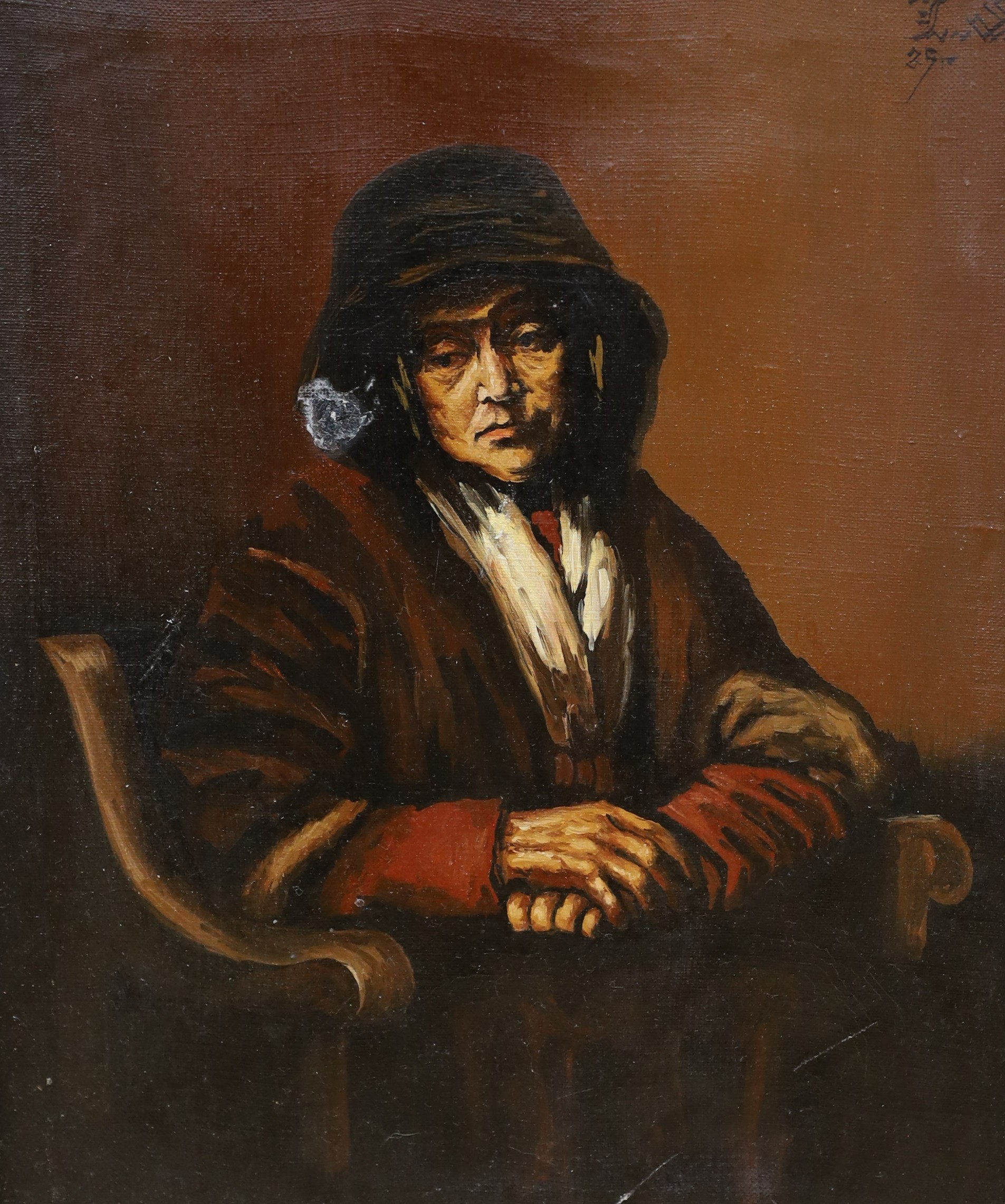 Continental School c1910, pair of oils on canvas, Portrait of a turbanned man and of a seated woman, after Rembrandt, signed and dated, 33 x 27cm